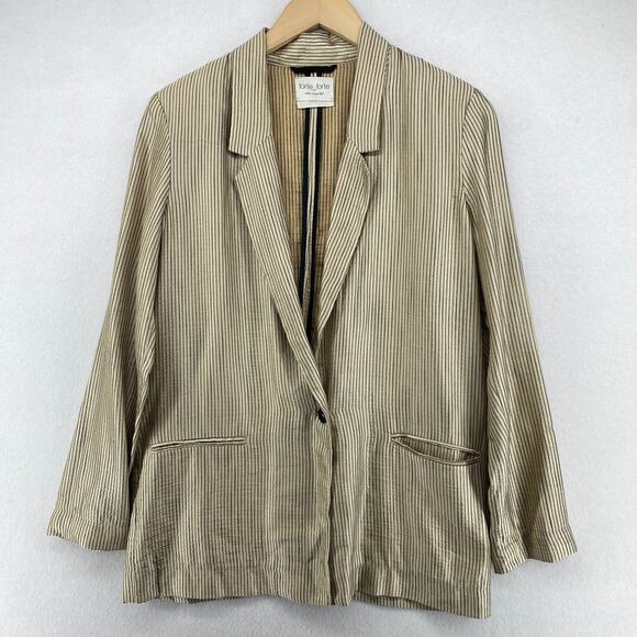 FORTE FORTE Blazer L Striped Linen Blend One Button Notch Collar Beige Italy - Picture 1 of 16